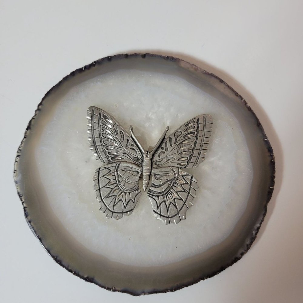 Geode Slice Agate Crystal Slice with Metal Butterfly